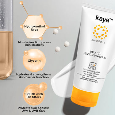 Kaya Daily Use Sunscreen SPF30 PA++++ | Contains Niacinamide | PABA Free | Non Greasy Formula | All Skin Types | 75ml